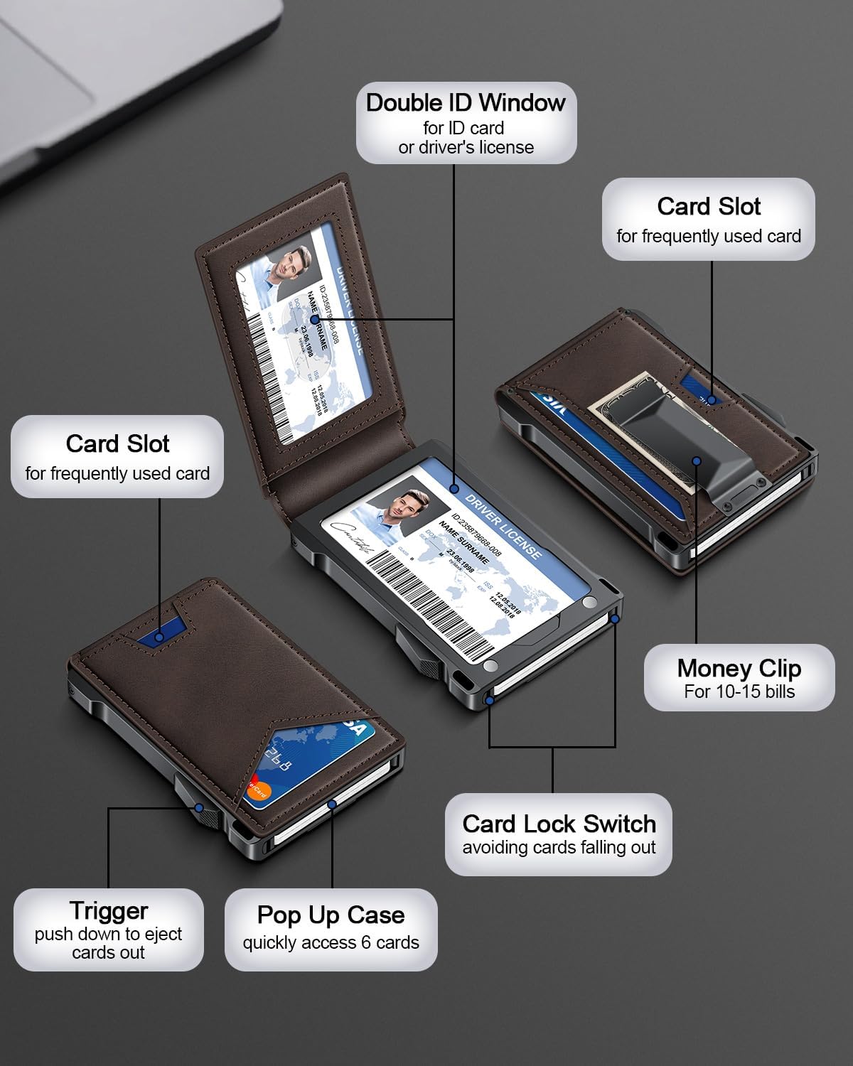 Wallet for Men RFID Wallet with 2 ID Windows & Money Clip, Slim Pop Up Card Holder for 10-12 Cards, Bifold Minimalist Smart Wallet for Front Pocket, Compact Metal Credit Card Holder, Gifts for Men