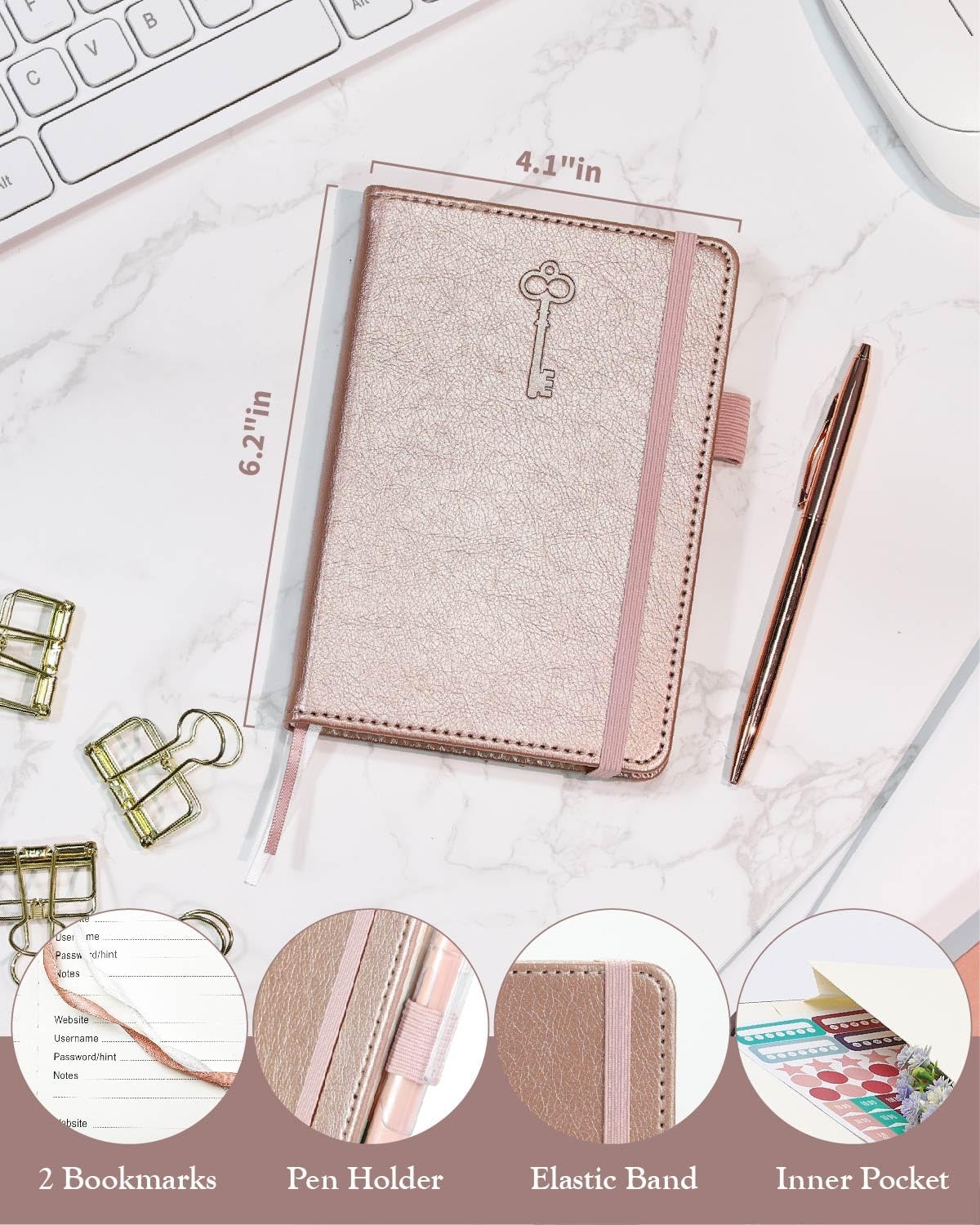 Small Password Keeper Book with Colorful Alphabetical Tabs, Hardcover Password Log-book for Internet Password and Website Address, 4.1"×6.2" Large Password Notebook for Home Office (Rose Gold)