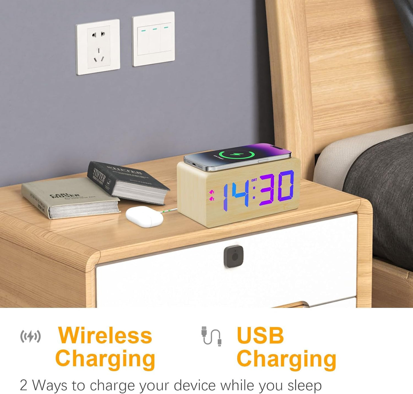 Wooden Digital Alarm Clock with Fast Wireless Charger, Dual USB Charging Ports, DST, Dimmable, Snooze, RGB Large Number Display LED Clock for Bedrooms, Living Room, Desk, Table, Bedside(Bamboo)