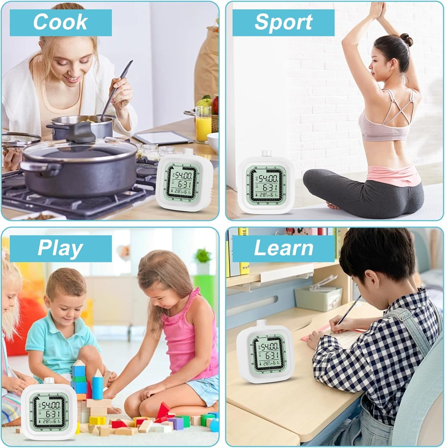 Visual Timer for Kids Kitchen Timer Alarm Clock Countdown Count-up 60 Minutes Shower Room Clock Training Manager time with Digital Thermometer Hygrometer White