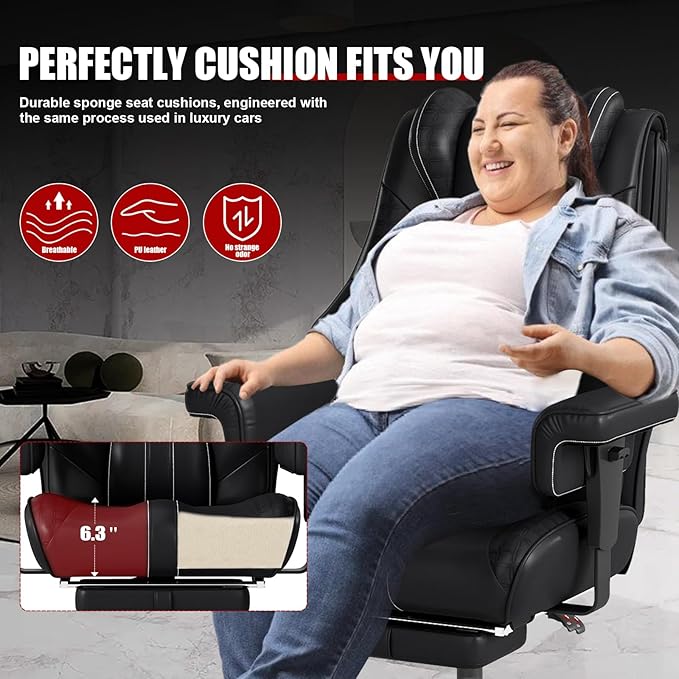 600lbs Big and Tall Office Chair,Leather Executive Office Chair with Foot Rest for Heavy People,Wide Ergonomic Comfy High-Back Reclining Computer Chair, Swivel Rolling Wheels