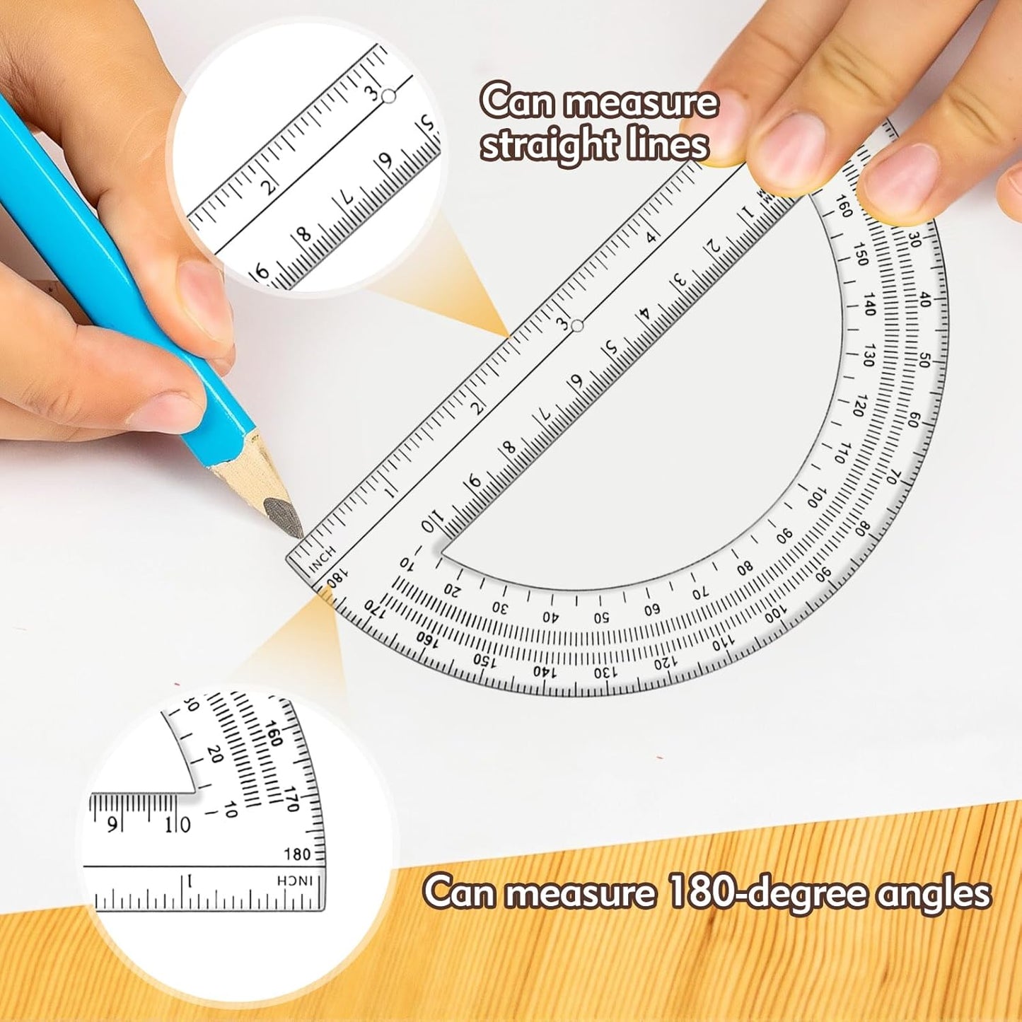 3 Pcs Plastic 12 Inch Ruler, Clear Protractor and Compasses Set for Student Geometry, Durable Transparent Drawing Measuring Rulers for School Office