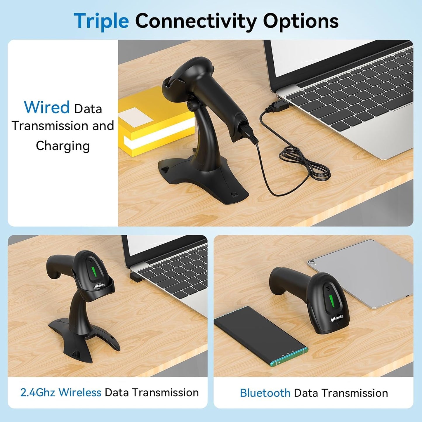 Alacrity 2D 1D Wireless Barcode Scanner with Stand, 3-in-1 Connectivity Bluetooth 2.4G Wireless USB Wired, Barcode Reader with Hands-Free Mode and Vibration Alert, Black