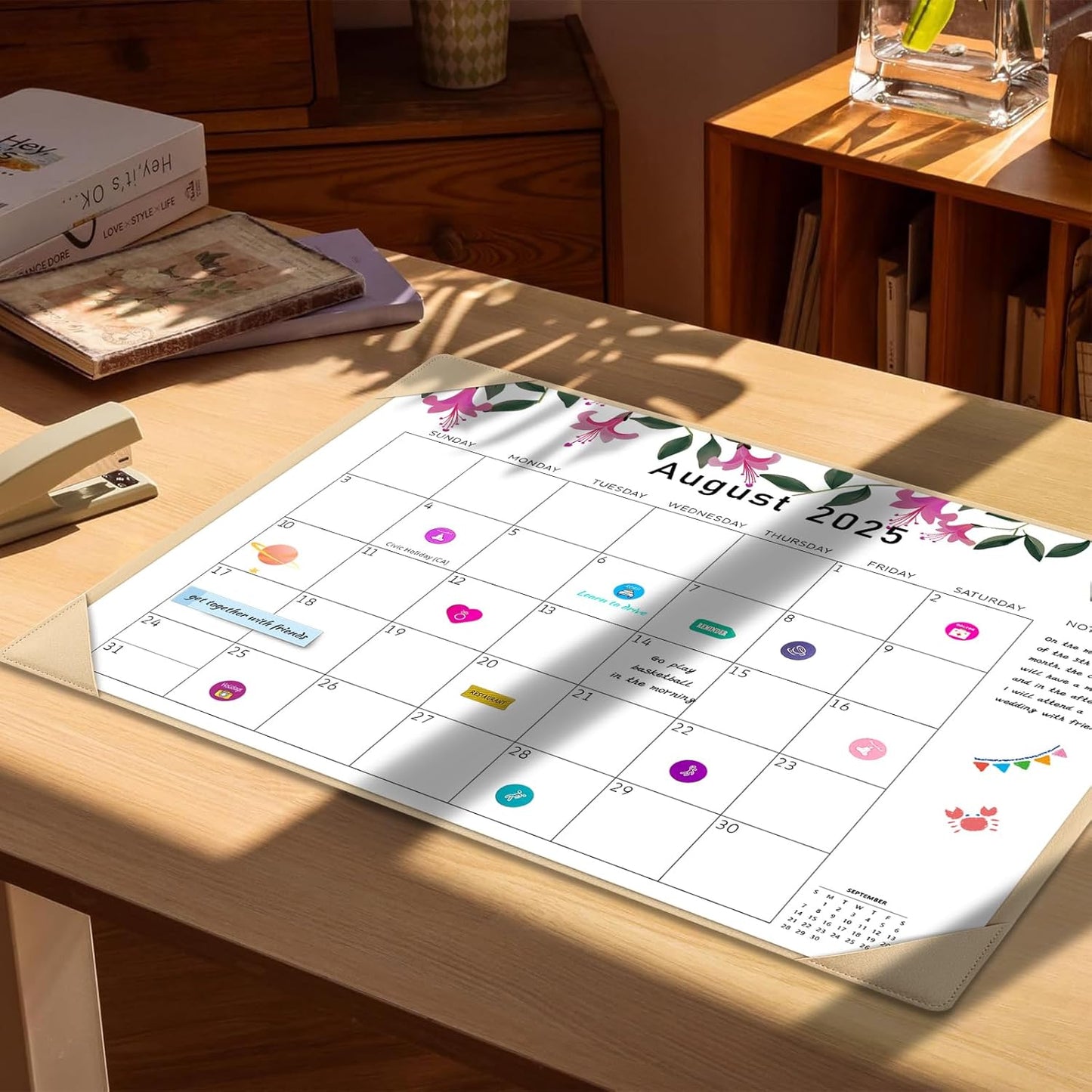 Gannyfer Large Desk Calendar 2025-2026 with Desktop Mat - 18 Month Table Calendar, 22" x 17" Desktop Pad Calendar for Planning and Organizing In Your Family, School or Office - Small Fresh Florals (6 Stickers Included) (Brown)
