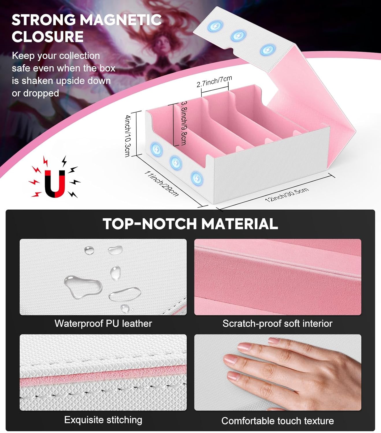 MoKo Trading Card Storage Box, 3000+ MTG Deck Box with 24 Colorful Dividers & 4 Card Supporters, Commander Card Deck Case Fits for Magic Game Cards, YugiOh, TCG, PTG and Sport Cards, White+Pink