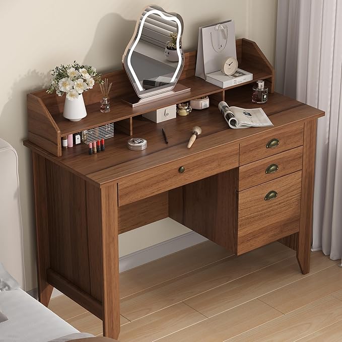 4 EVER WINNER Wooden Desk with Drawers, Small Desk with Monitor Stand and File Drawe, Writing Desk with Drawers for Bedroom Small Spaces, Walnut
