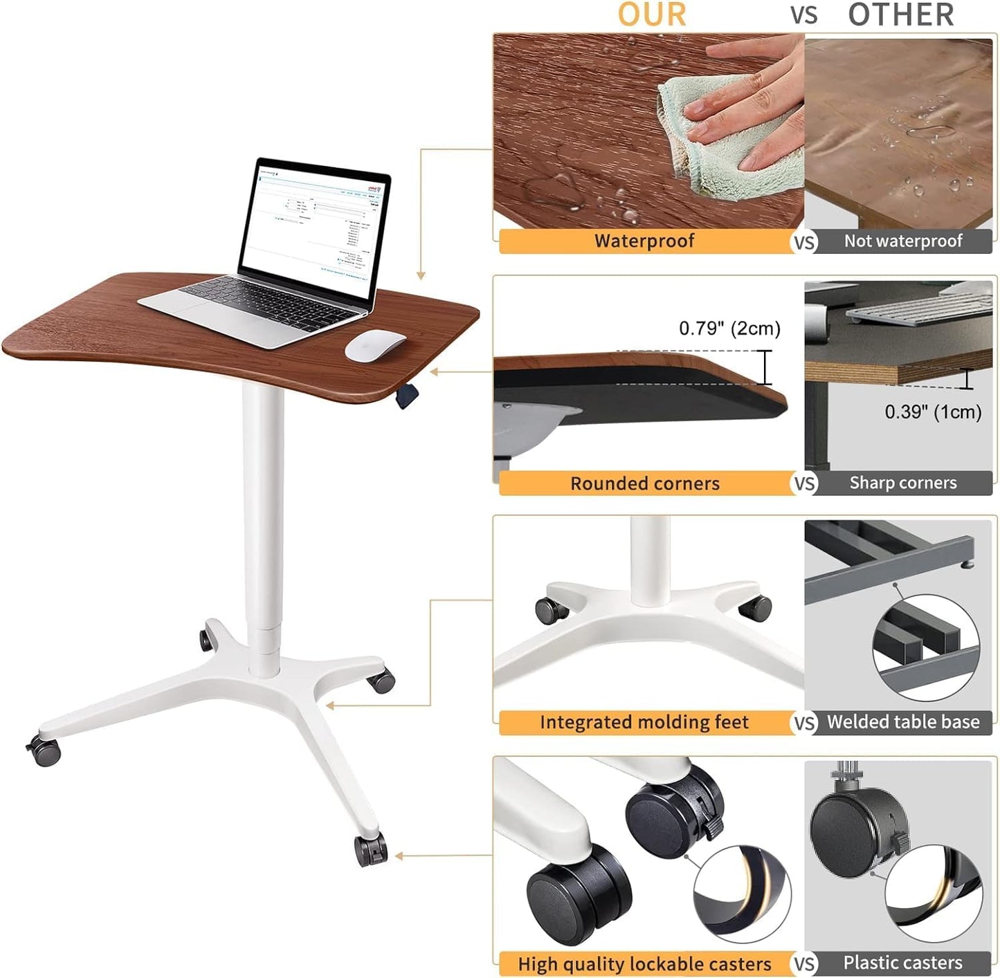 47" Mobile Standing Desk(26" W*19.3" D), Adjustable Height Laptop Desk, Pneumatic Desk with Gas Spring Riser, Podium for Home, Office,Classroom,Medical, (29" to 46.9" H) (Walnut)