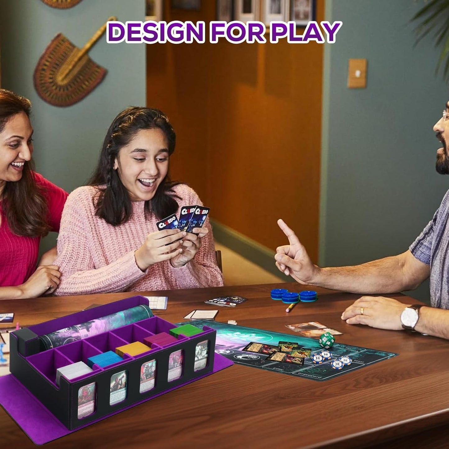 Trading Card Storage Box for MTG, card storage box with Commander Display,Multi-purpose Deck Case for MTG TCG Sports Card, 4 Toploaders, 4 Stoppers, 4 Colorful Dividers (Black& Purple, 5-Row)