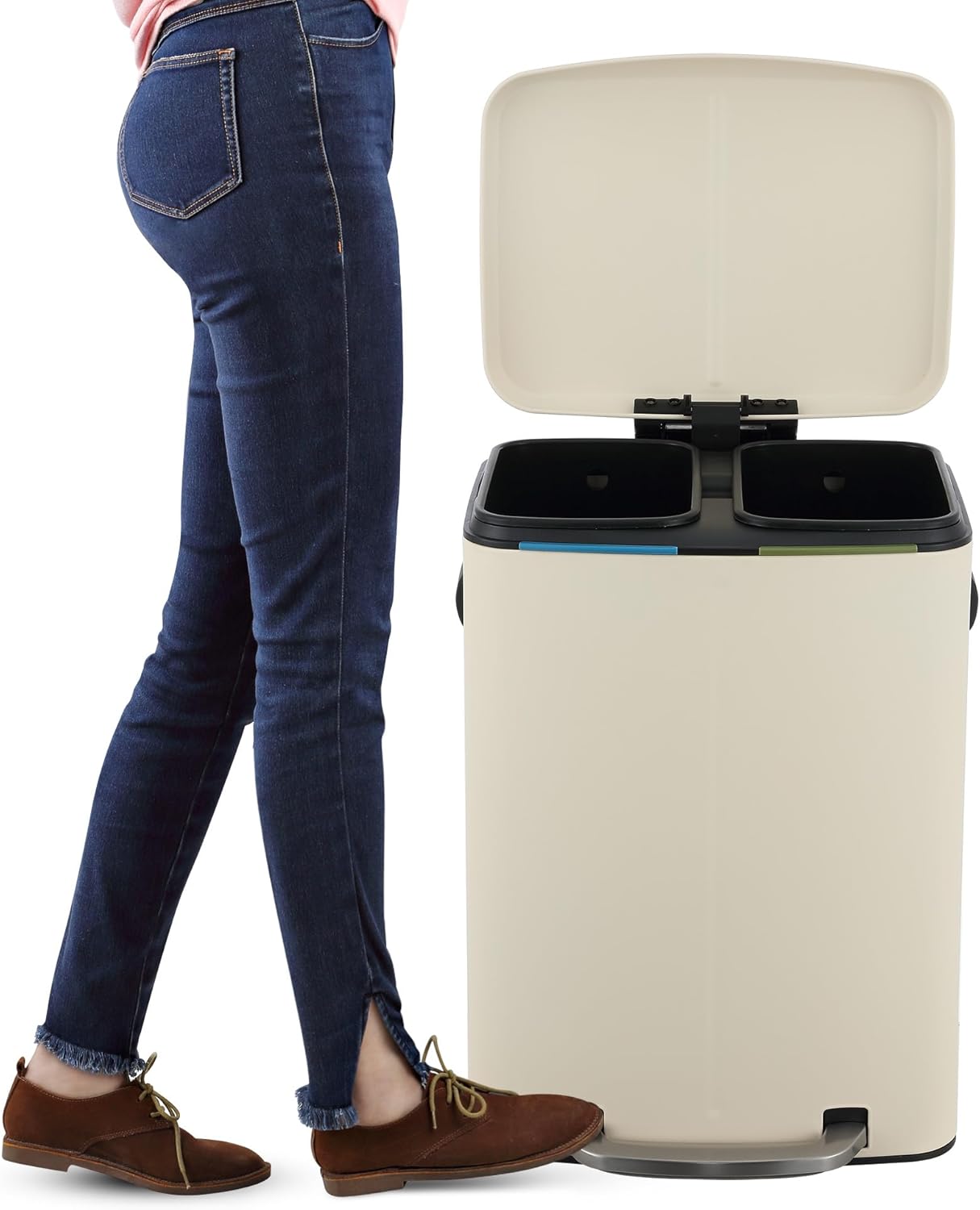 happimess HPM1005F Marco Rectangular 10.6-Gallon Double Bucket Trash Can with Soft-Close Lid, Fingerprint Resistant, Modern, Minimalistic for Home, Kitchen, Office, Bathroom, Limestone Beige