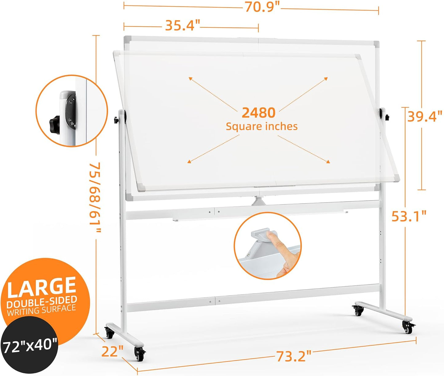 Rolling Whiteboard, 40"x72" White Board with Stands Movable Dry Erase Board on Wheels, Large Double Sided Standing Whiteboard for Office School Classroom Presentation Supplies, Pearl White