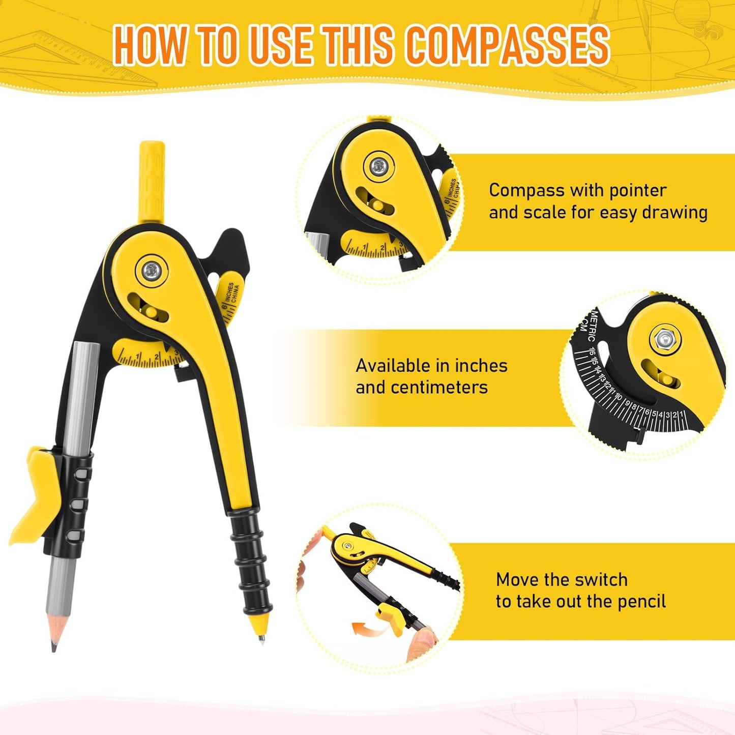 EBOOT Student Geometry Math Set, Drawing Compass and 6 Inch Clear Swing Arm Protractors 180 Degree Math Protractor (Yellow)