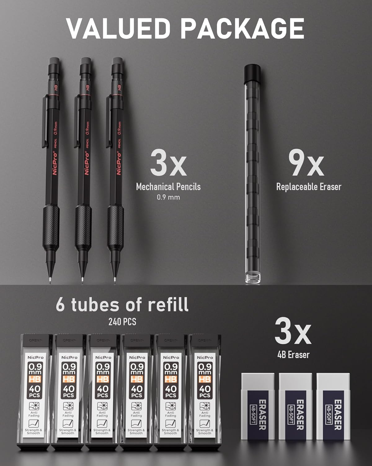 Nicpro 0.9 Metal Mechanical Pencil Set with Case, 3PCS Hevey Duty MP2000 Lead Pencil With 6 Tube HB Lead Refills 0.9mm, Erasers, Weatherproof Barrel for Outdoor Writing Drafting Drawing Sketching