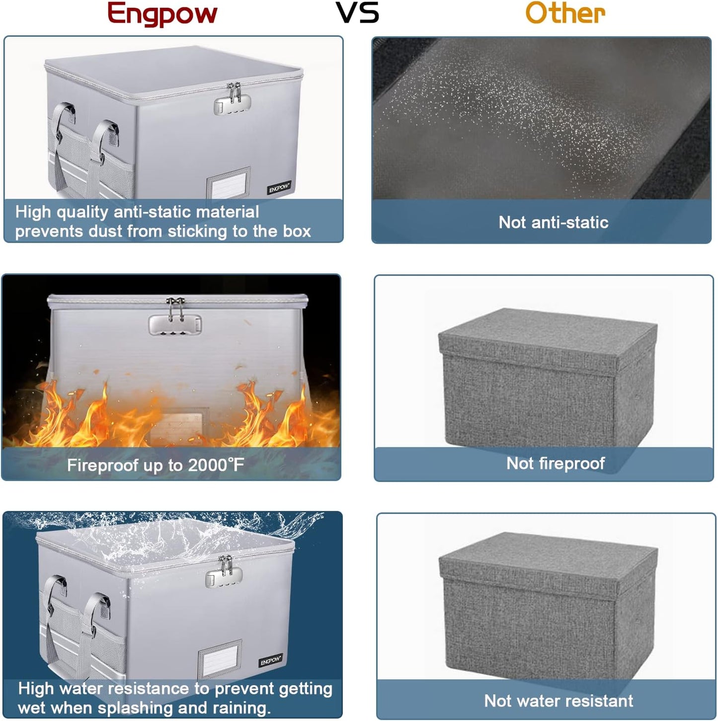 ENGPOW File Box with Lock, Fireproof Document Box with Pockets, Collapsible File Organizer Filing Storage Cabinet with Handle, Portable Home Office Safe for Hanging Letter/Legal Folders,Silver,2 Pack