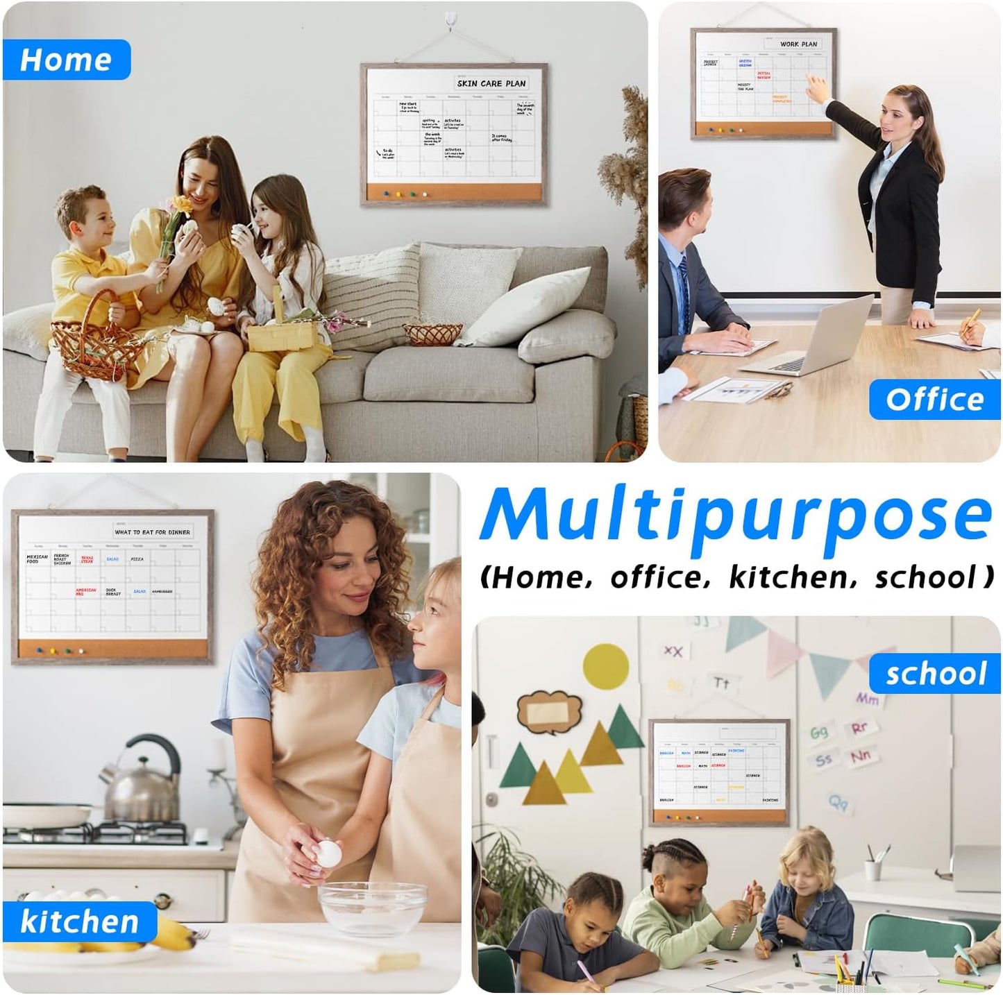 Dry Erase Calendar Whiteboard, 17" x 13" Magnetic Whiteboard Cork Board Combo, Reusable Monthly Planner with 8 Markers, Eraser, Magnets and Push Pins to Hang Dry Erase Board for Home, School - Gray