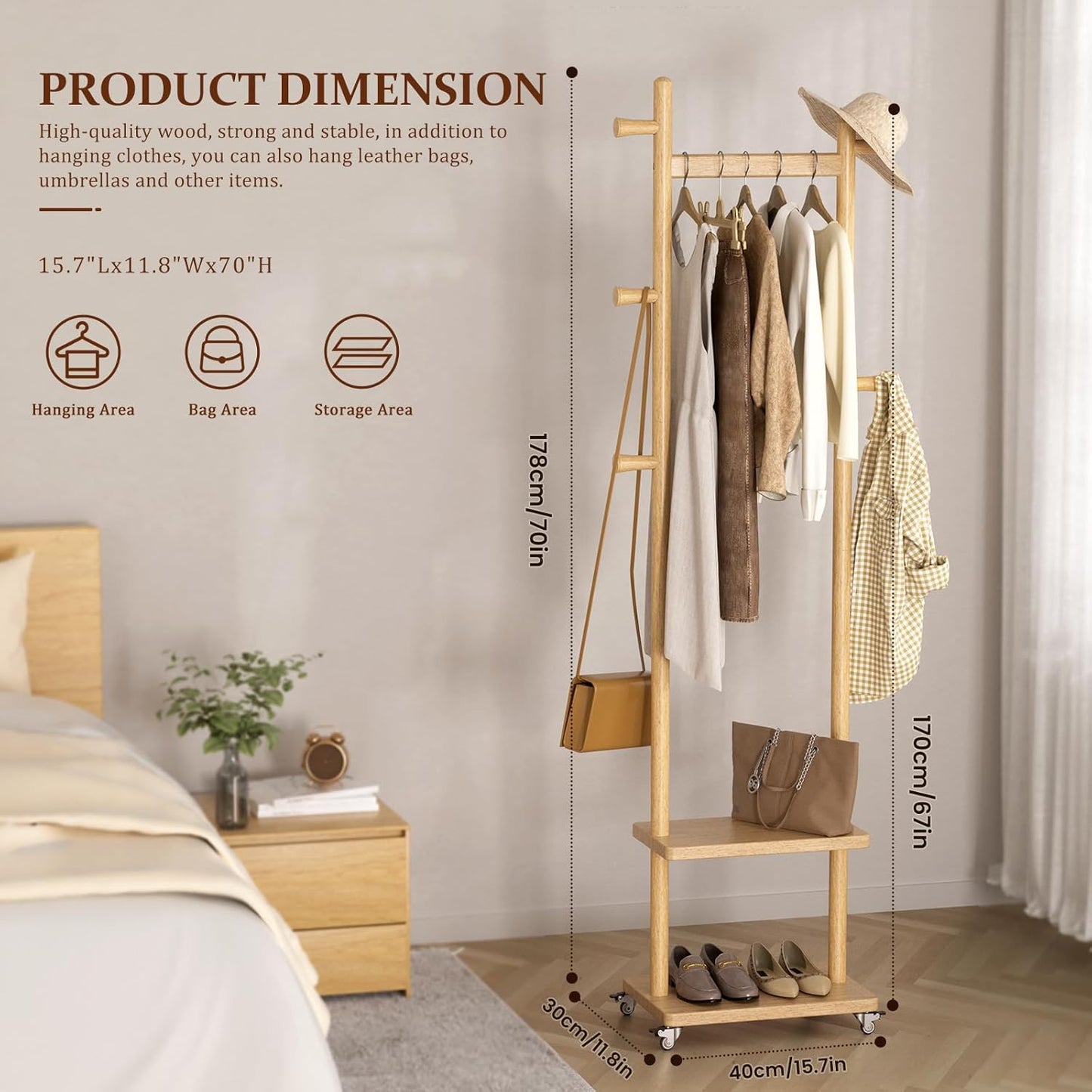 Coat Rack Freestanding Clothing Rack with Wheels & 2 Shelves Storage & 5 Hooks Heavy Duty Clothes Rack Wood Coat Tree Stand Hat Hanger Rack for Corner Bedroom Entryway Living Room Hotel