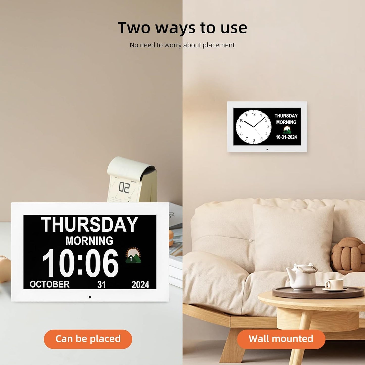 Large Digital Clock, Wall Clock with time, Digital Alarm Clocks for Elderly, Dementia Clock That Provides Alarms and electronicl Calendar for Seniors.(White, 10.1 inches)