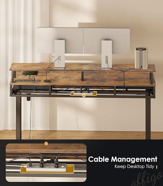 OffiGo Electric Standing Desk with Drawers & Keyboard Tray, 63 Inch Height Adjustable Desk with Power Outlets & LED Lights, Sit Stand Table with Monitor Stand for Home, Office, Rustic Brown