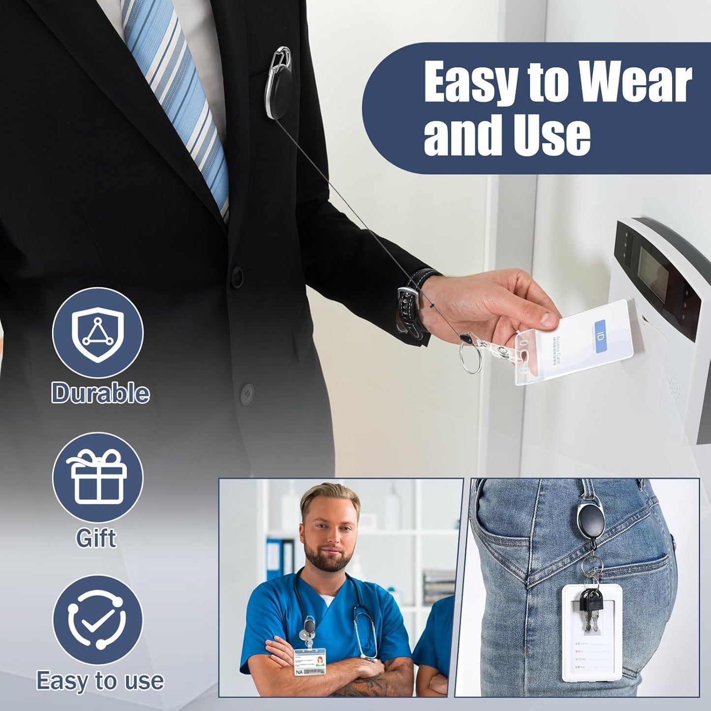 Laumoi 180 Packs Retractable ID Badge Holder Name ID Badge Reel Clips Keychain with Belt Clip and Key Ring for Office Worker Doctor Nurse Employee (Black)