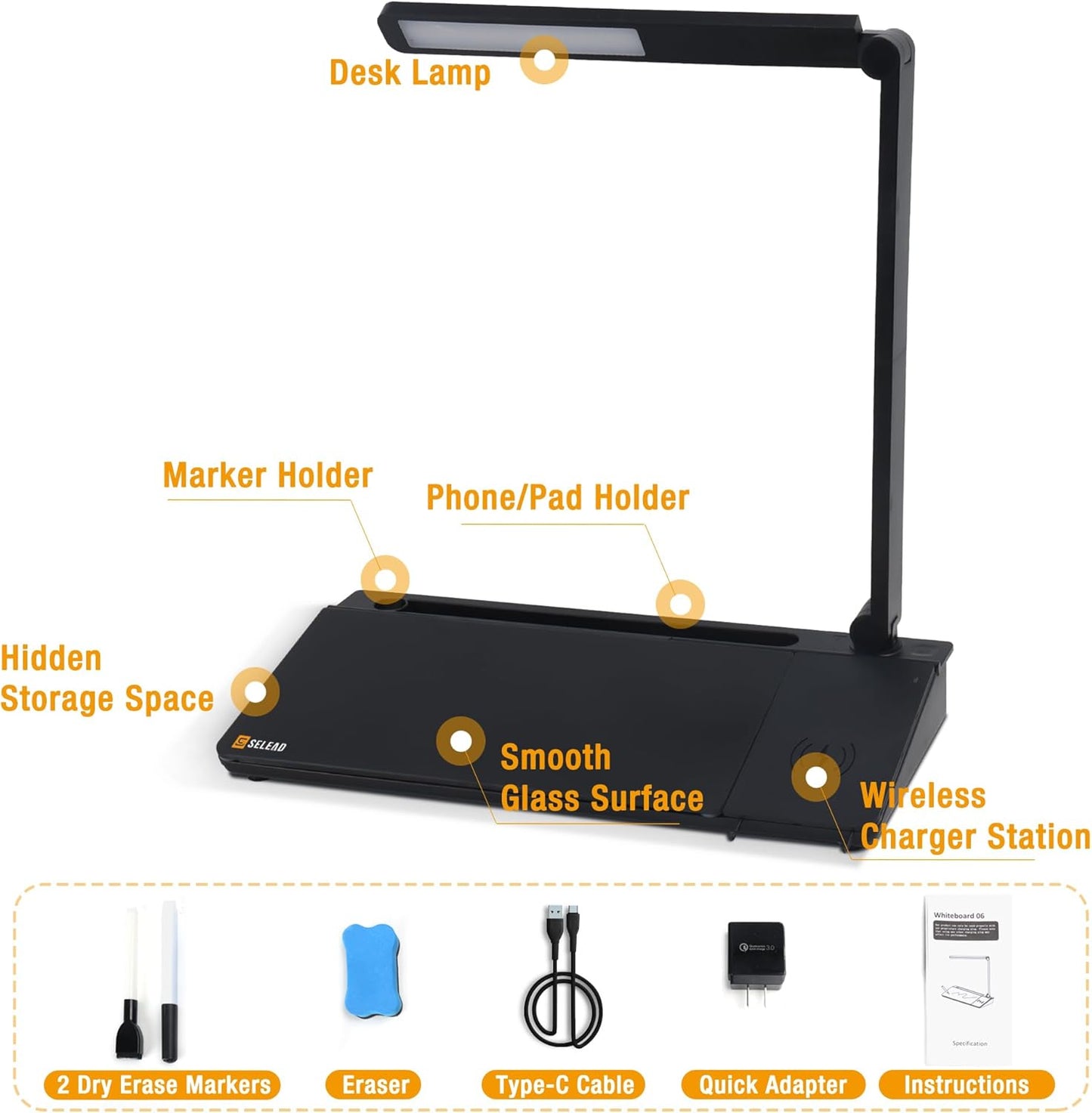 SELEAD Desktop Glass Whiteboard with Wireless Charger Station and Desk Lamp, Tabletop Dry Erase Board w/Organizer, Markers, Mirror, Holder for Home School Office Desk Accessories, Black
