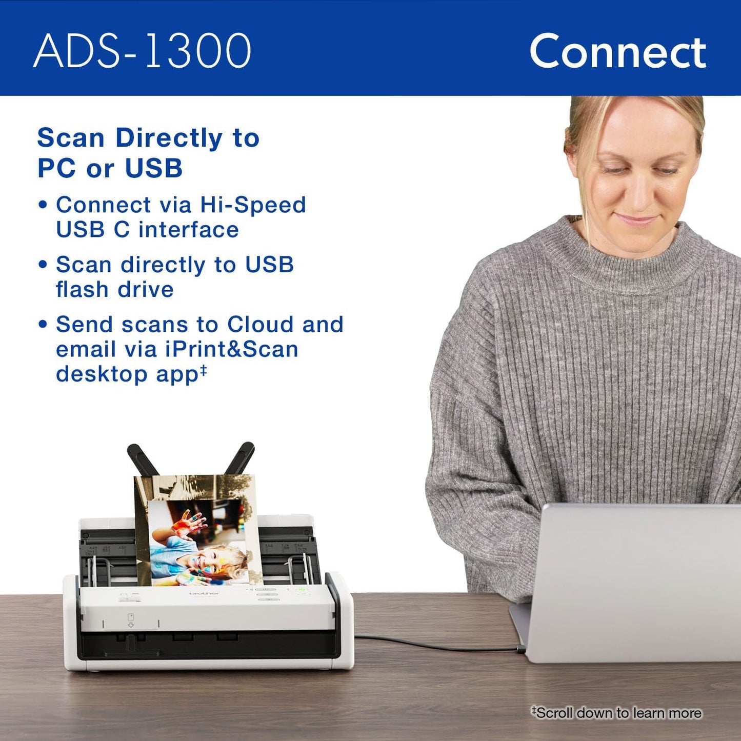 Brother ADS-1300 Compact Desktop Scanner | Scan Speeds of Up to 30ppm | Single Pass Double-Sided Scanning