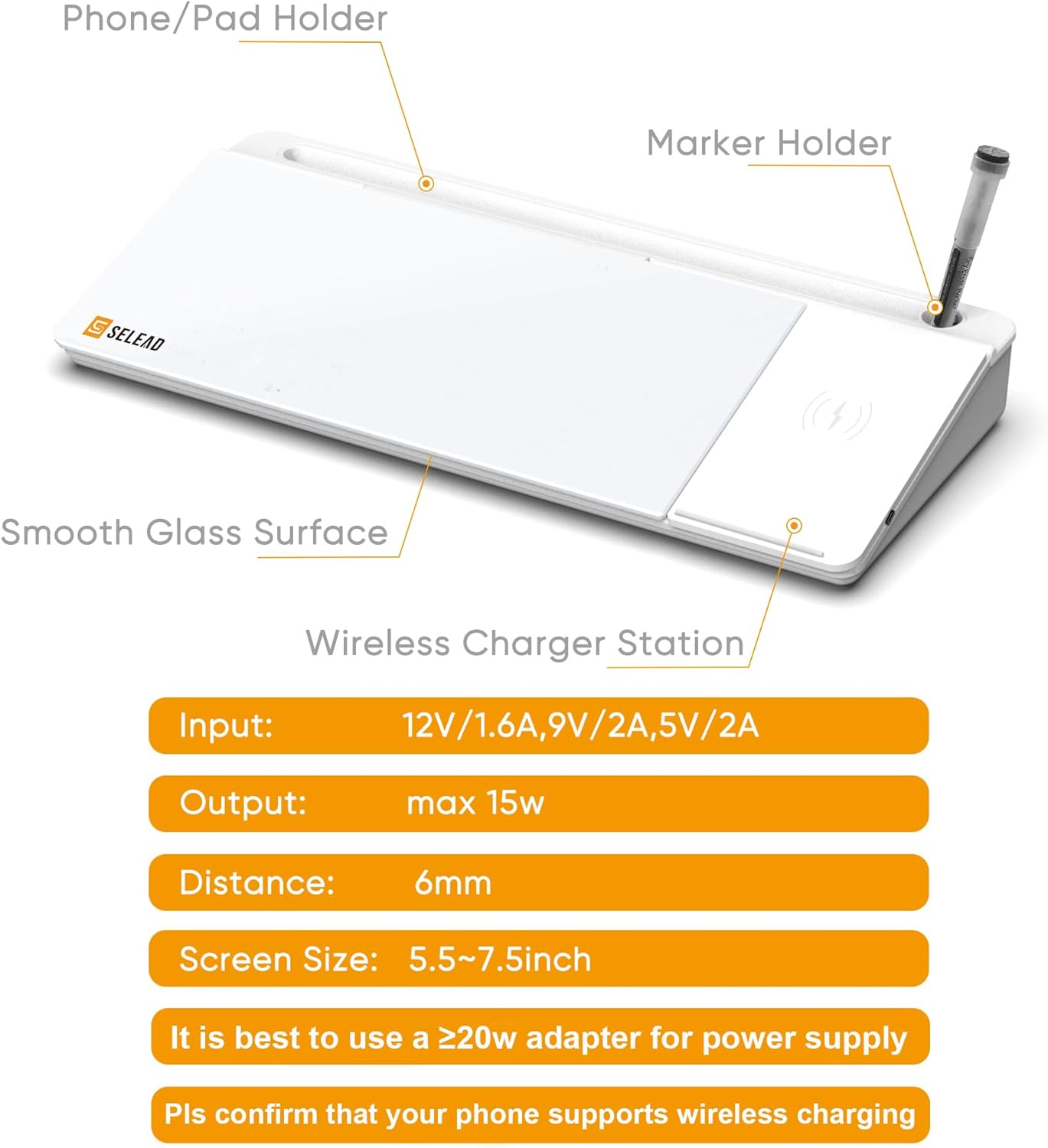 SELEAD Desktop Glass Whiteboard with Wireless Charger Station, Dry Erase Board Computer Pad Keyboard Stand with Organizer Drawer for Home, School, Office Desk Accessories, White