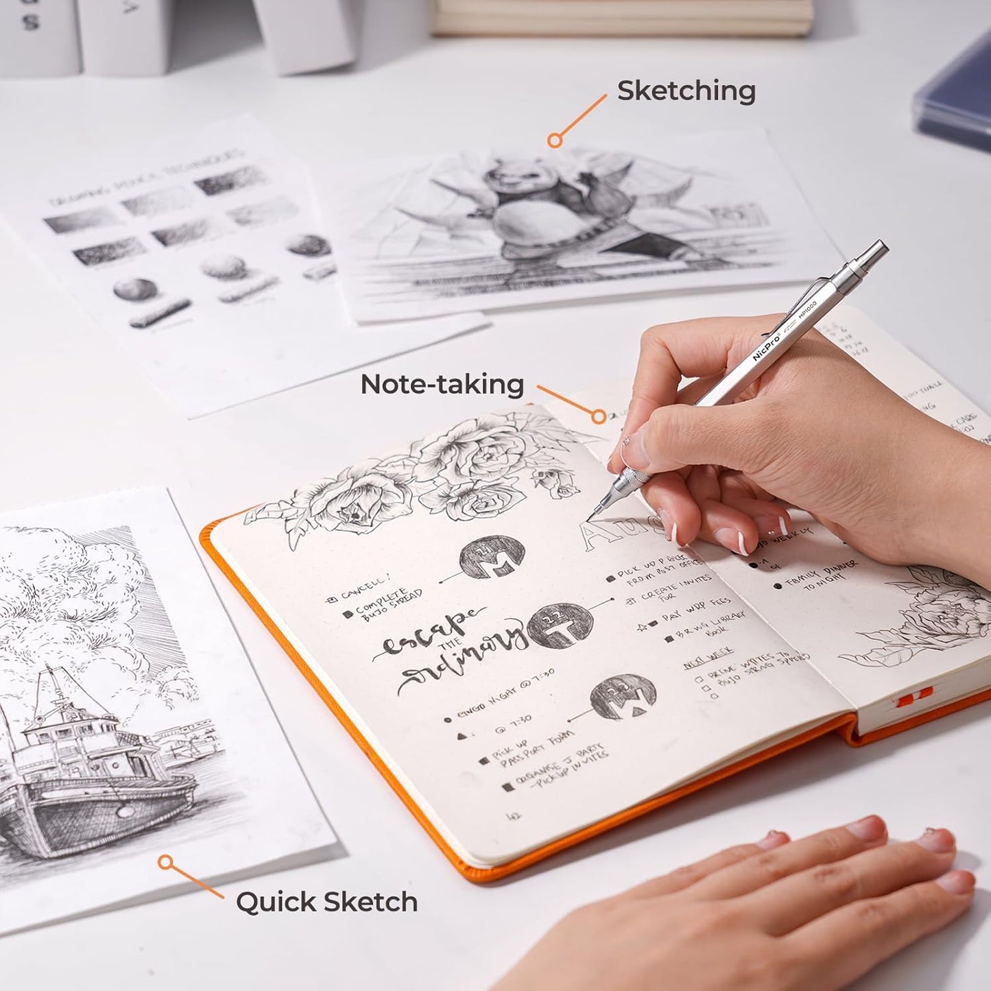 Nicpro 2 PCS Mechanical Pencils 0.5mm & 0.7 mm with Case, MP1000 Metal Artist Pencil Set with 6 Tubes HB Lead Refills, 3 Erasers, 9 Eraser Refills For Art Writing Drafting Drawing, Black & Silver