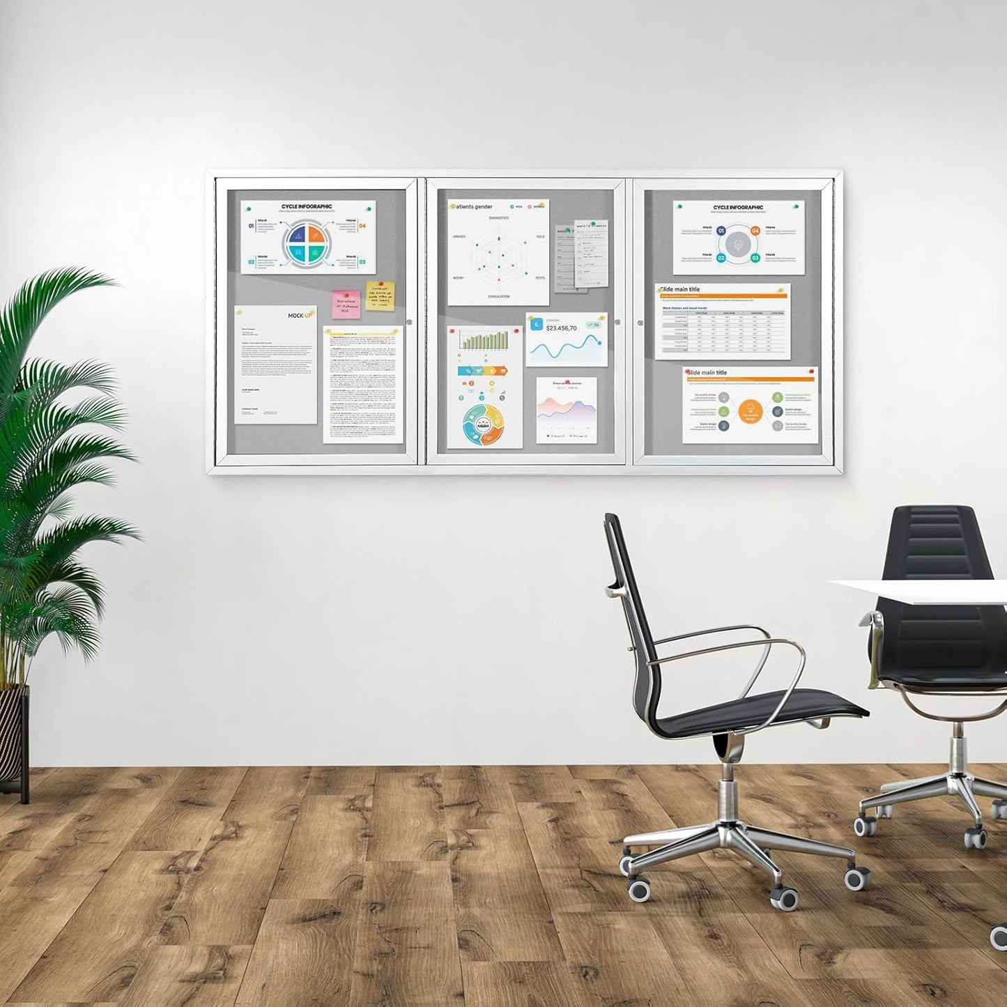 Outdoor Bulletin Board Weatherproof 72x36 in,Enclosed Bulletin Board with Locking Door, Wall Display Case for Office School Home Commercial, Silver Aluminum Frame, Gery Felt