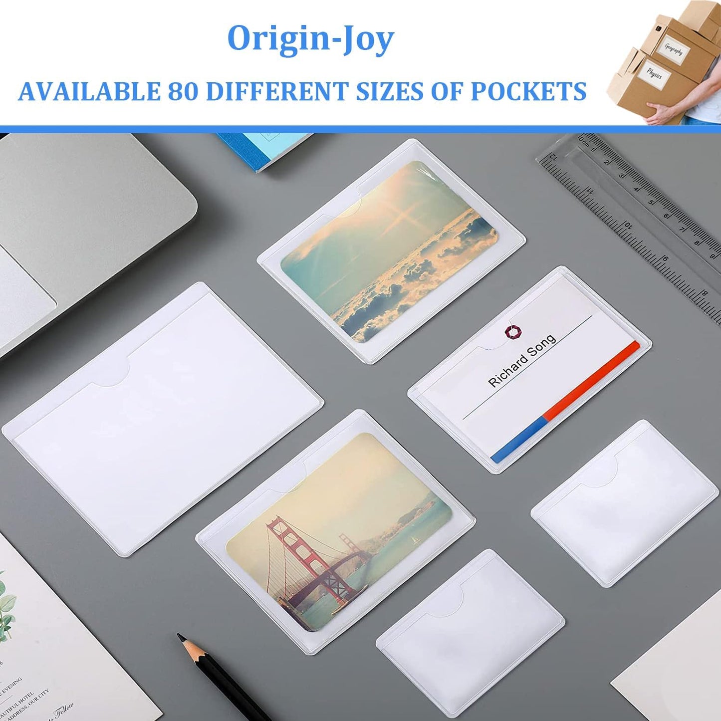 Origin-Joy 60 PCS Self Adhesive Index Card Pockets with Top Open, Clear Plastic Label Holder for Cards of Note, Library and Business, Adhesive Label Pockets & Card Holder (4 x 4 inch)