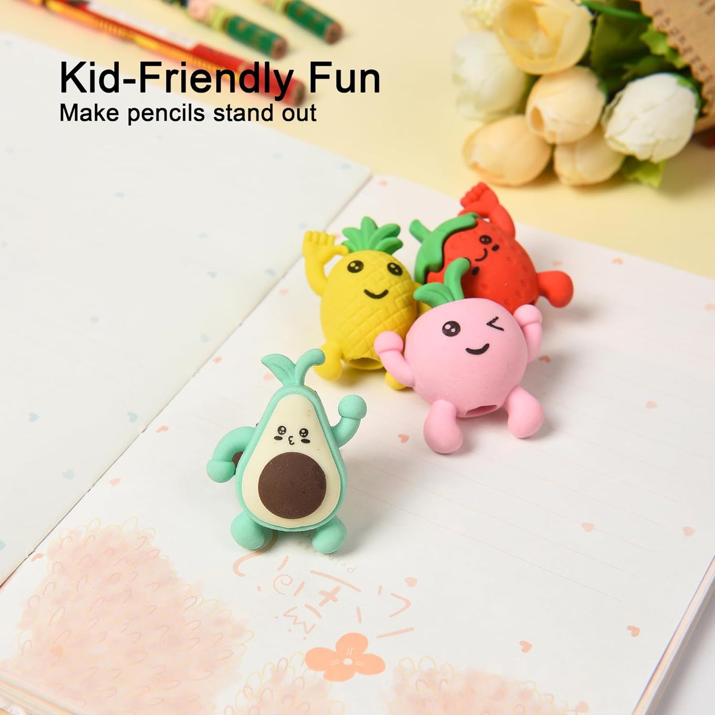 16Pcs Pencil Top Erasers for Kids, 3D Cute Fruit Pencil Toppers, Bulk Fun Pencil Cap Easters for School Classroom Supplies Prize Gifts Party Favors