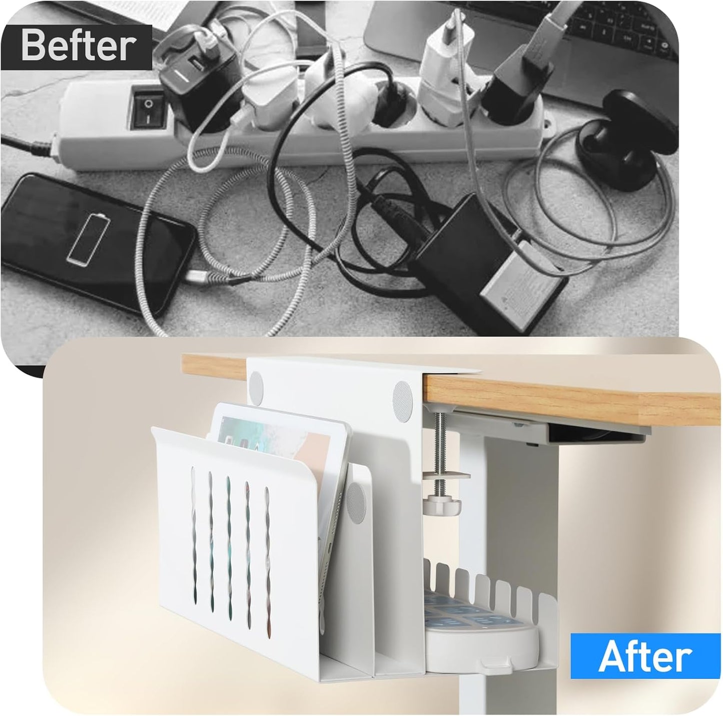 MAXECHO Desk Side Storage, Under Desk Laptop Mount, Table Side Hanging File Organizer, No Drill Clamp On Cable Management Tray, Laptop Holder with Magnetic Pen Holder for Office and Home, Load 22 Lbs