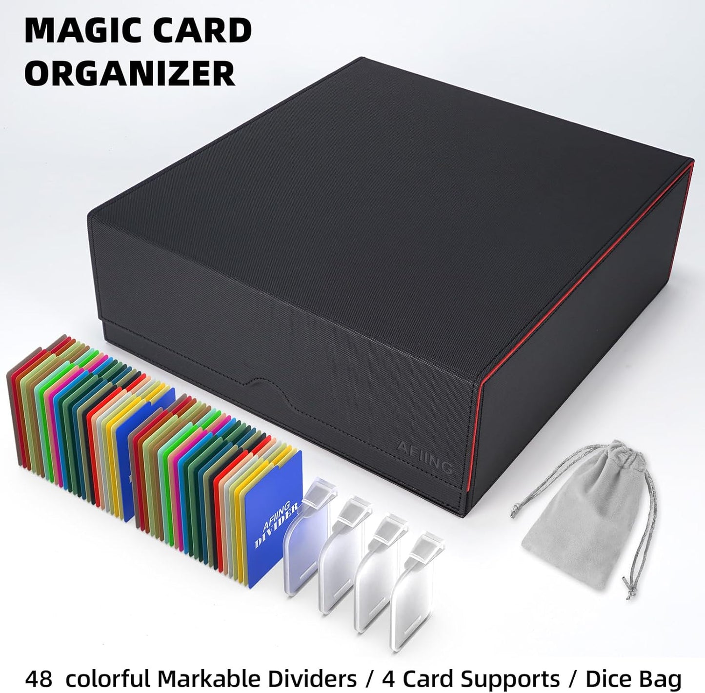 AFIING Trading Card Storage Box, MTG Deck Box with 48 Dividers & Supporters, Commander Card Deck Case Fits for Magic Game Cards, YugiOh, TCG, baseball and Sport Cards, Black Red 3200+