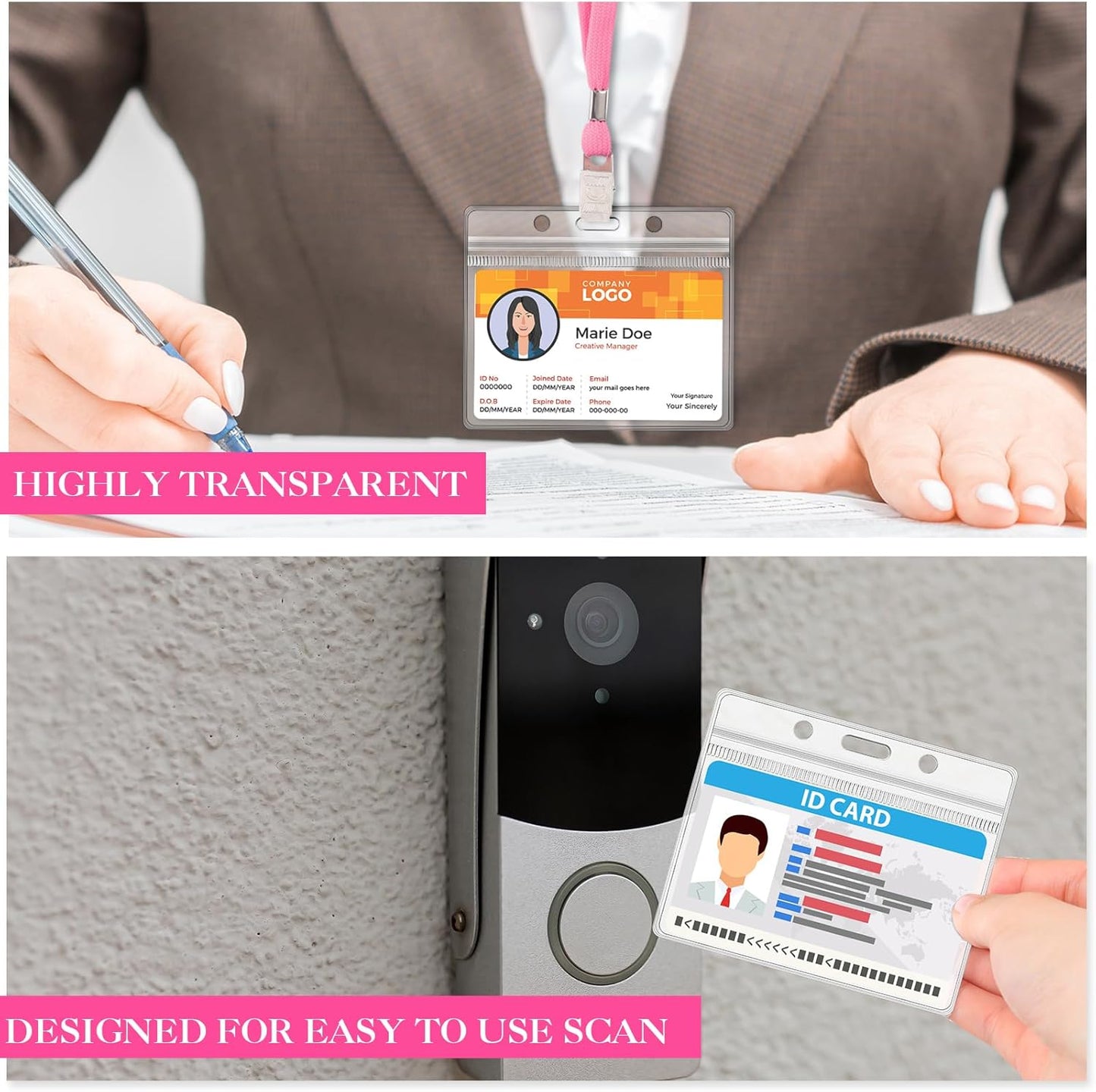 Marspark 50 Sets Clear Name Tags with Lanyard, Lanyards for ID Badges Reusable Strap with ID Holder Plastic Name Badges for Adults Business School Church Conference (Pink)