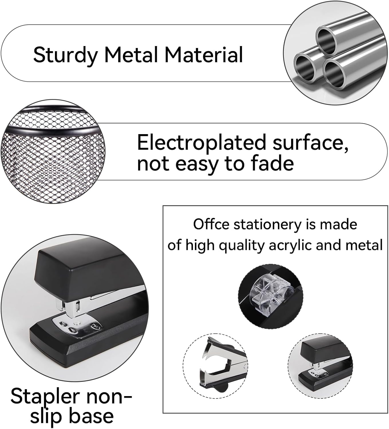 Black Desk Accessories, Office Supplies Set with Stapler, Tape Dispenser, Staple Remover, Pen Holder, Scissor, Binder/Paper Clips, Ballpoint Pen, Clear Tape and 1000pcs Staples