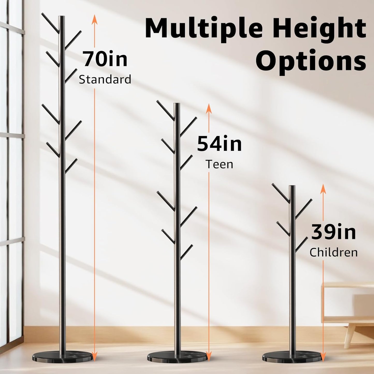 Coat Rack with Natural Marble Base, Metal Freestanding Coat Rack with 8 Hooks, 3 Adjustable Size Sturdy Coat Tree for Bags, Coats, and Hats for Entryway, Hallway, Bedroom, Office, Black