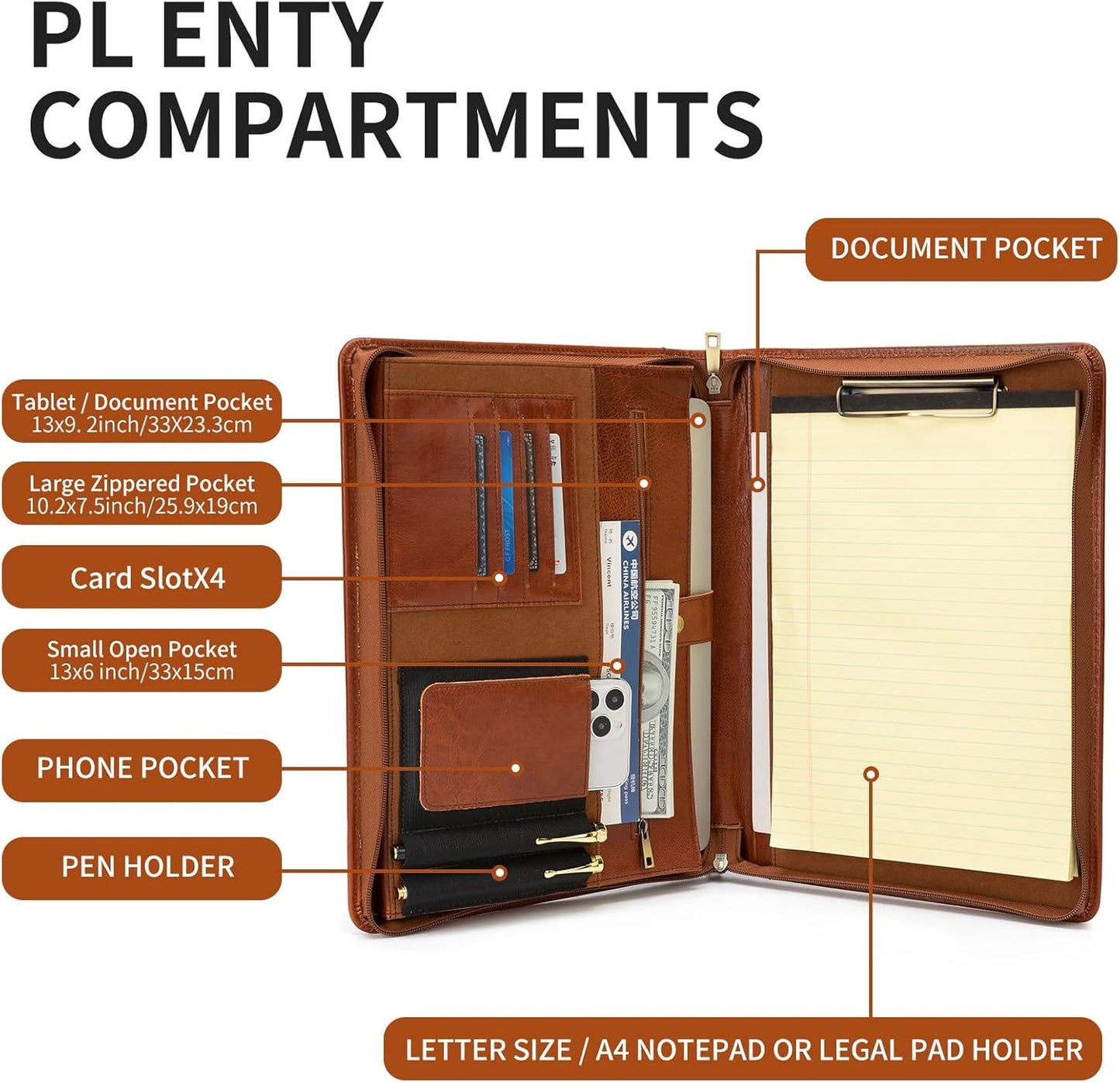 Handmade Vintage Crazy Horse Leather Portfolio Letter (A4) Size Notepad,Business Organizer Padfolio with Handle, for iPad Pro/Microsoft Surface Pro/13 inch Tablet (Non-Custom, Oil Wax-Brown)