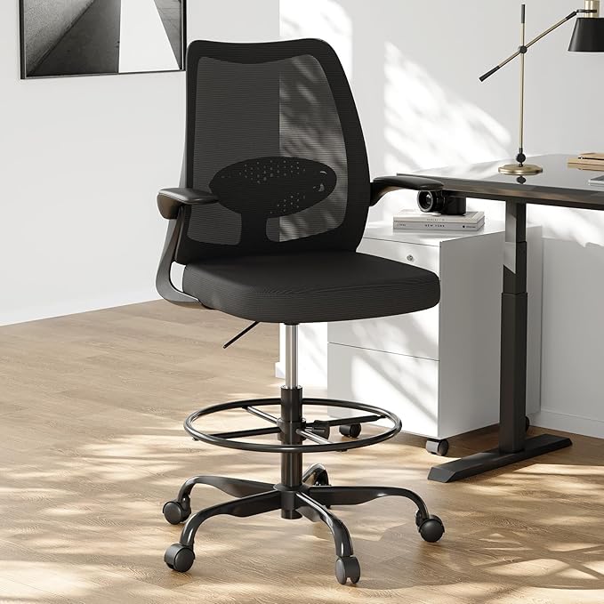 Drafting Chair,Tall Office Chair with Adjustable Footrest Ring,Lumbar Support,Ergonomic High Desk Seat,Flip-Up Armrests,Breathable Mesh Standing Stool for Home Office,Black