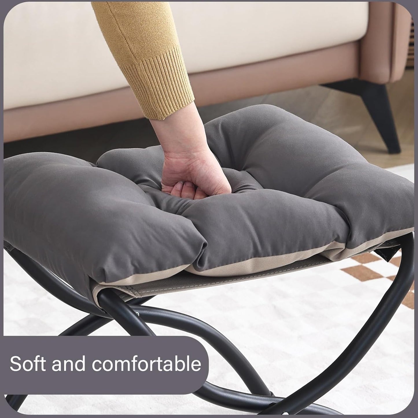 LITA Folding Upholstered Footrest Stool, Modern Small Portable Accent Ottoman with Detachable Thick Cotton Cushion Padded Sofa Stool with Metal Frame for Lazy Chair, Living Room & Bedroom, Dark Grey