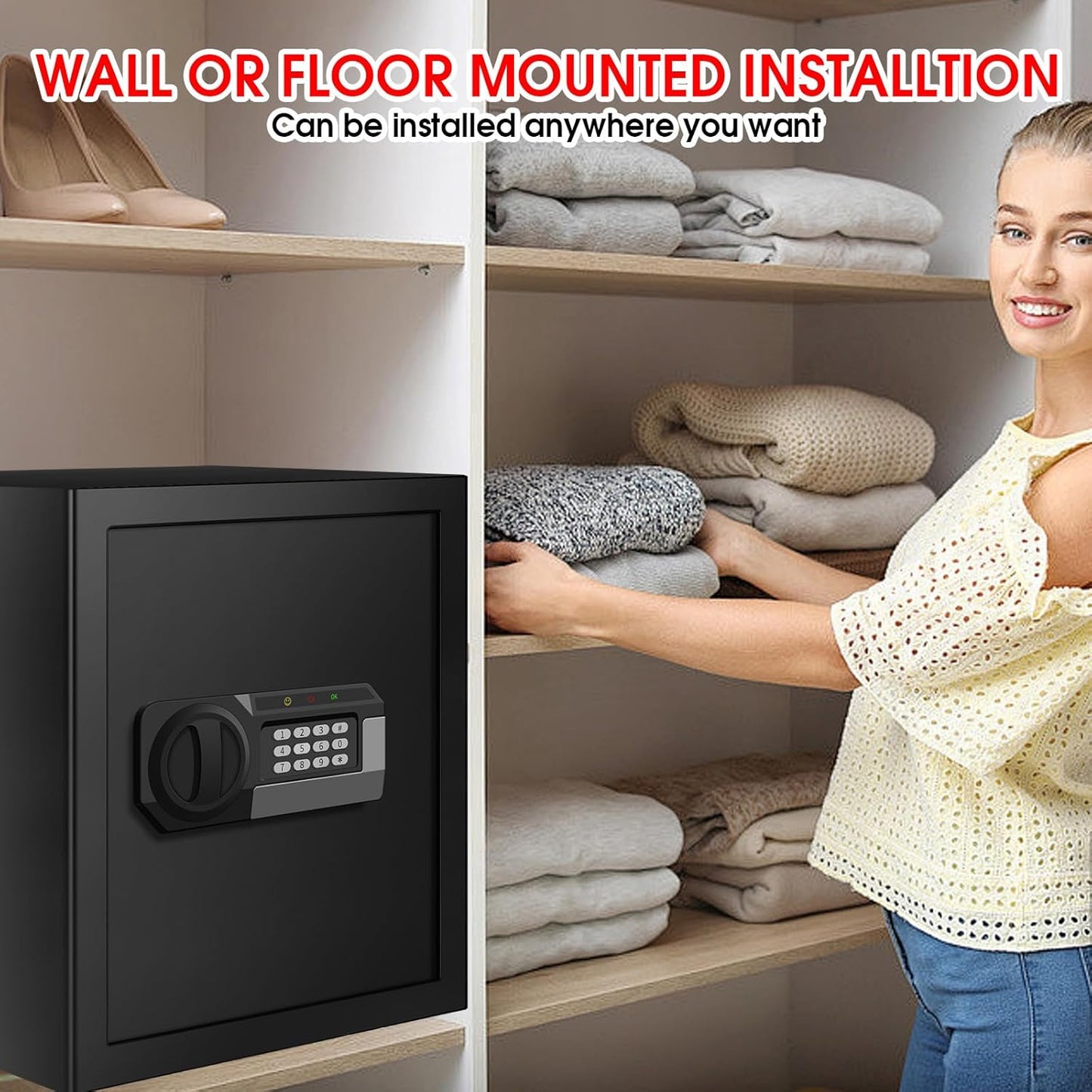 3.2 Cubic Feet Large Safes for Home Use Fire and Water Proof, Anti-Theft Digital Security Safe Box With Programmable Keypad & Spare Keys, Home Safes Water and Fireproof for Documents Money Valuables