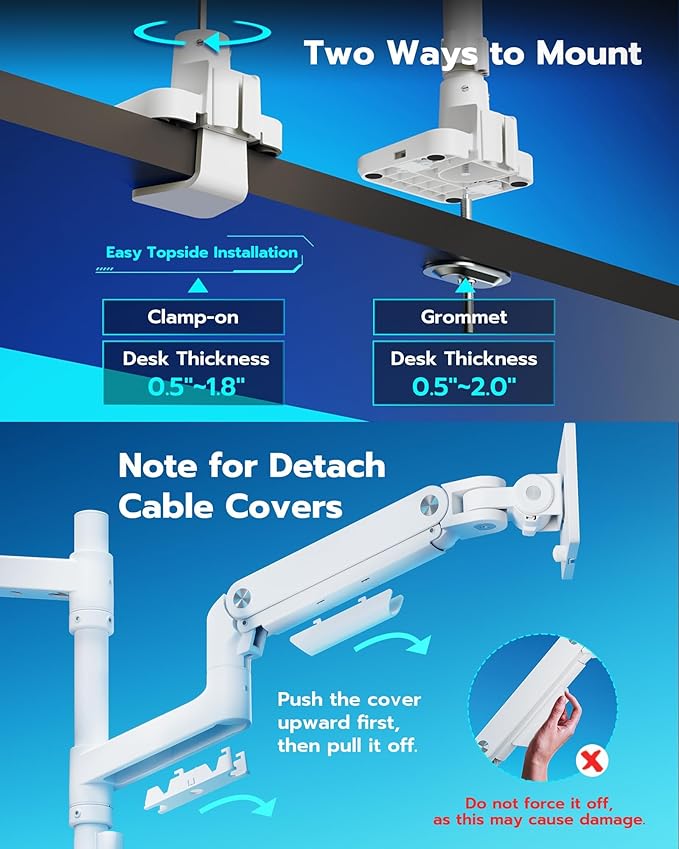 ARES WING Dual Monitor Stand for Ultrawide Heavy Duty Curved Monitor Stacking, Fits 17-49 Inch, Vertical Gas Spring Double Monitor Mount with USB, Adjustable Dual Monitor Mount for Desk, White