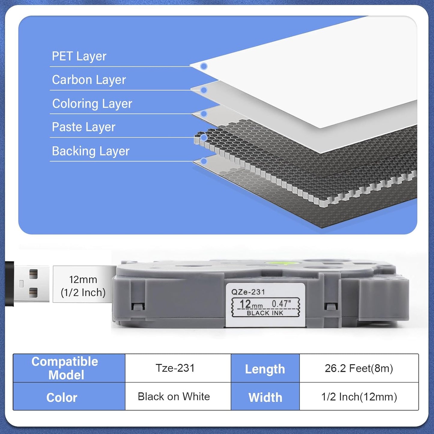 10 PK TZE-231 Compatible Label Tape Replacement for Brother TZe-231 TZ-231 Laminated P-Touch Label Maker Tape, Black on White, for PT-D200 PT-D210 PTH100 PT-D400, 0.47" x 26.2'