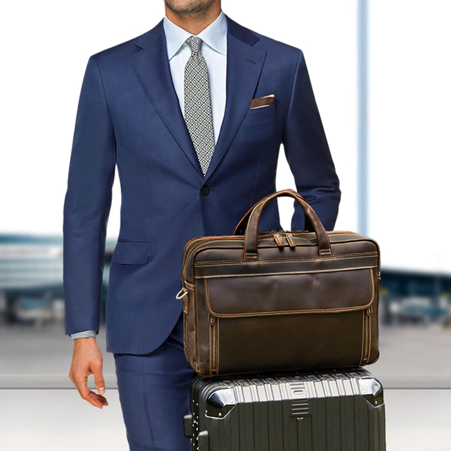 Masa Kawa Leather Briefcase for Men 15.6", 17" Laptop Computer Case Business Travel Work Messenger Cross Body Shoulder Bag