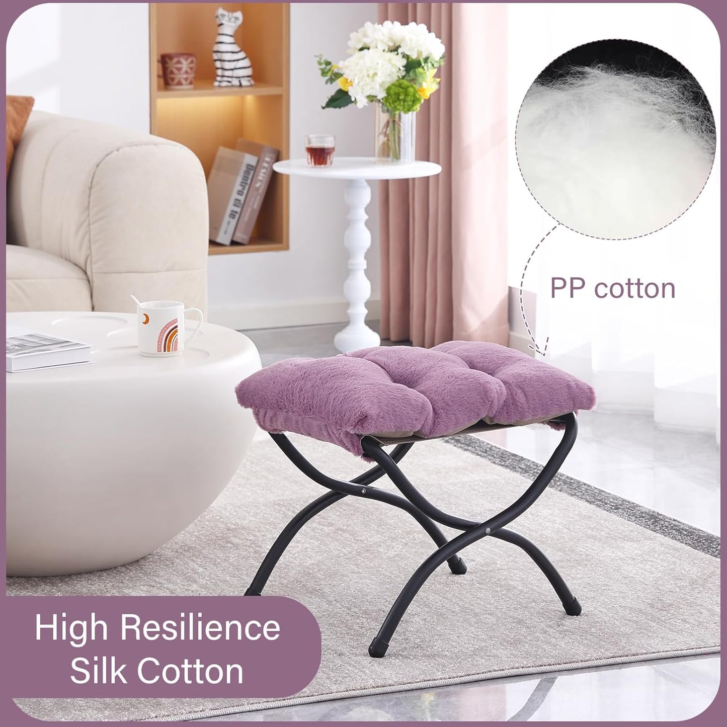 LITA Folding Upholstered Footrest Stool, Modern Small Portable Accent Ottoman with Detachable Thick Cotton Cushion Padded Sofa Stool with Metal Frame for Lazy Chair, Living Room & Bedroom