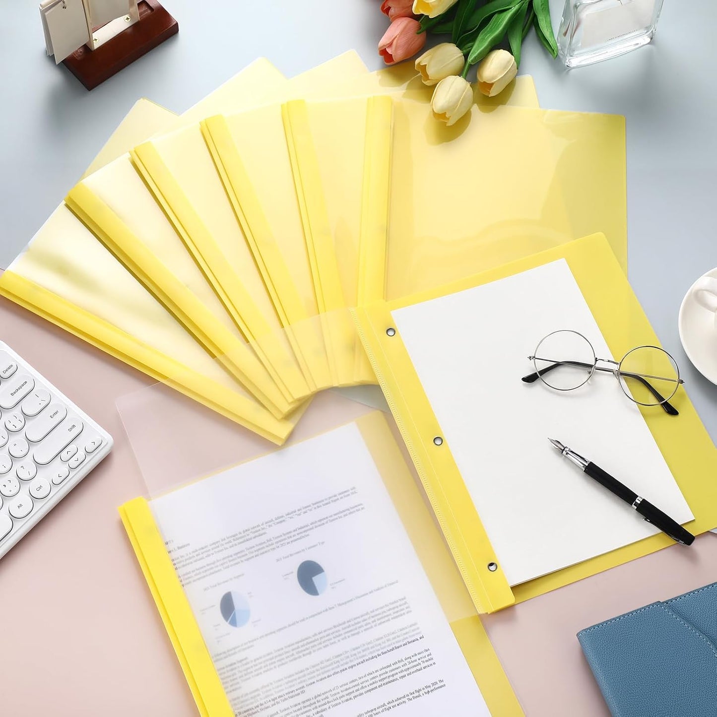 48 Pack Plastic Report Covers with 3 Prongs Presentation Folders Bulk, 100 Sheet Capacity, Clear Front Report Covers for Presentation Document Paper School Office Supplies (Yellow)