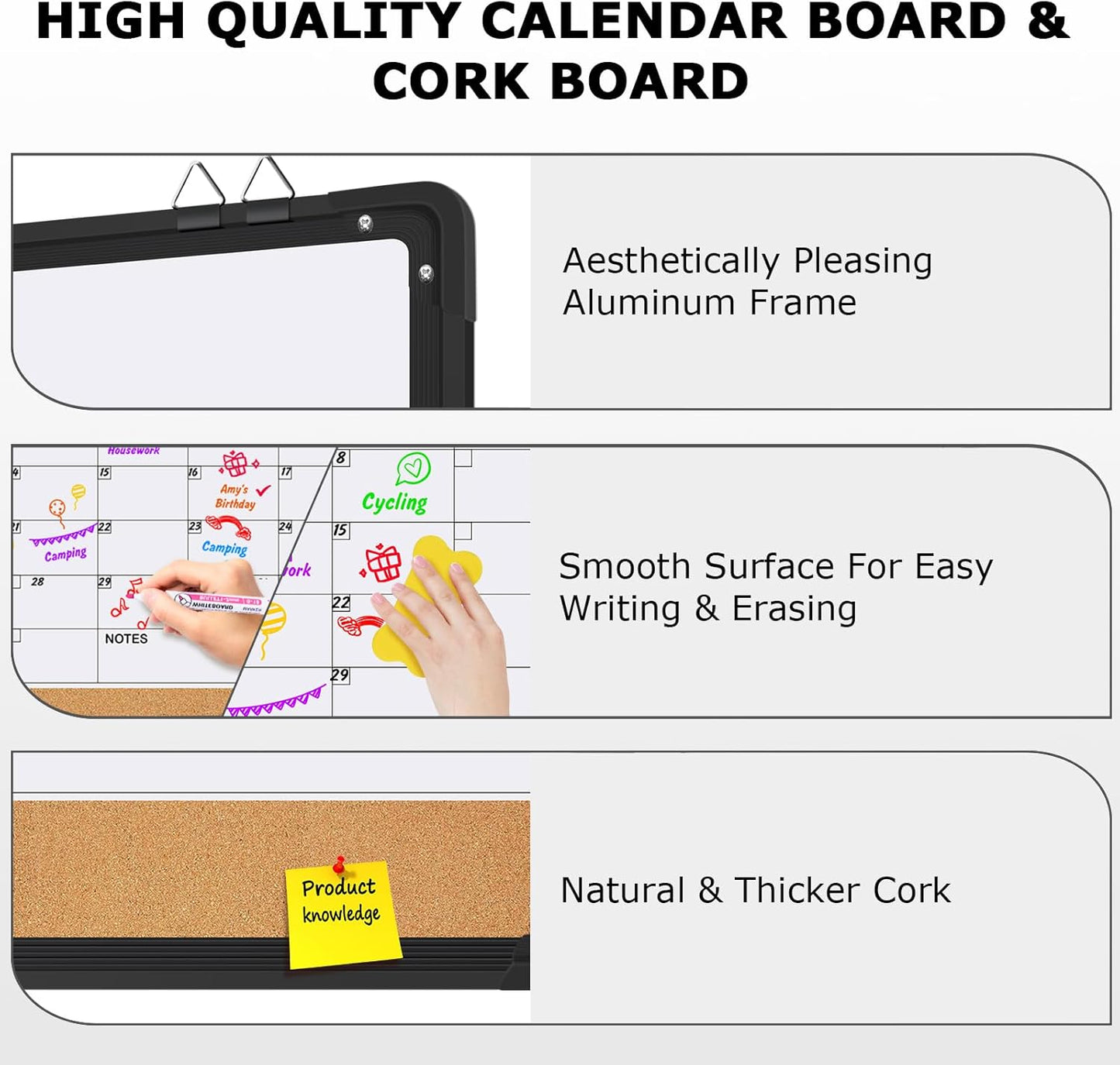 EAONE 16x12 in Double Side Whiteboard Calendar & Cork Board Combo for Wall, 3 in 1 Magnetic Dry Erase Whiteboard Monthly Calendar and Bulletin Board with Aluminum Frame for Home Office Kitchen