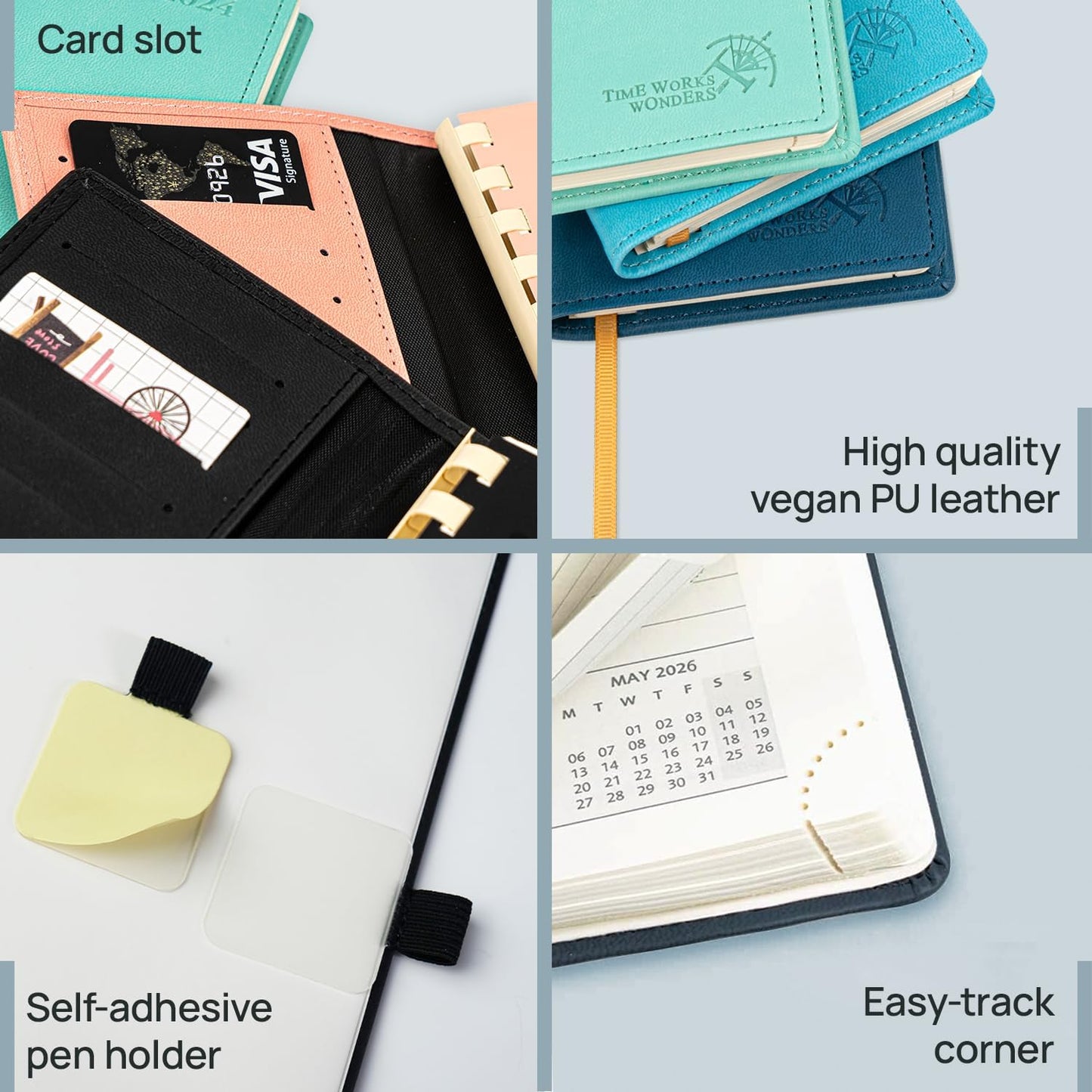 POPRUN 2026 Pocket Planner (Slim Size 3.5" x 6.5") Weekly and Monthly Calendar for Purse, with Hourly Time Slots, 100GSM Thick Paper, Spiral Soft Cover, Pen Holder - Pink