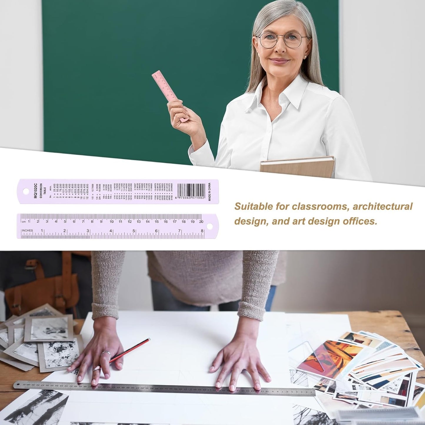 HARFINGTON 4pcs Metal Straight Ruler 20cm Metric SAE Aluminum Alloy Measuring Rulers Scale Tool with Hole for Measure Study Reading Classroom Office, Purple