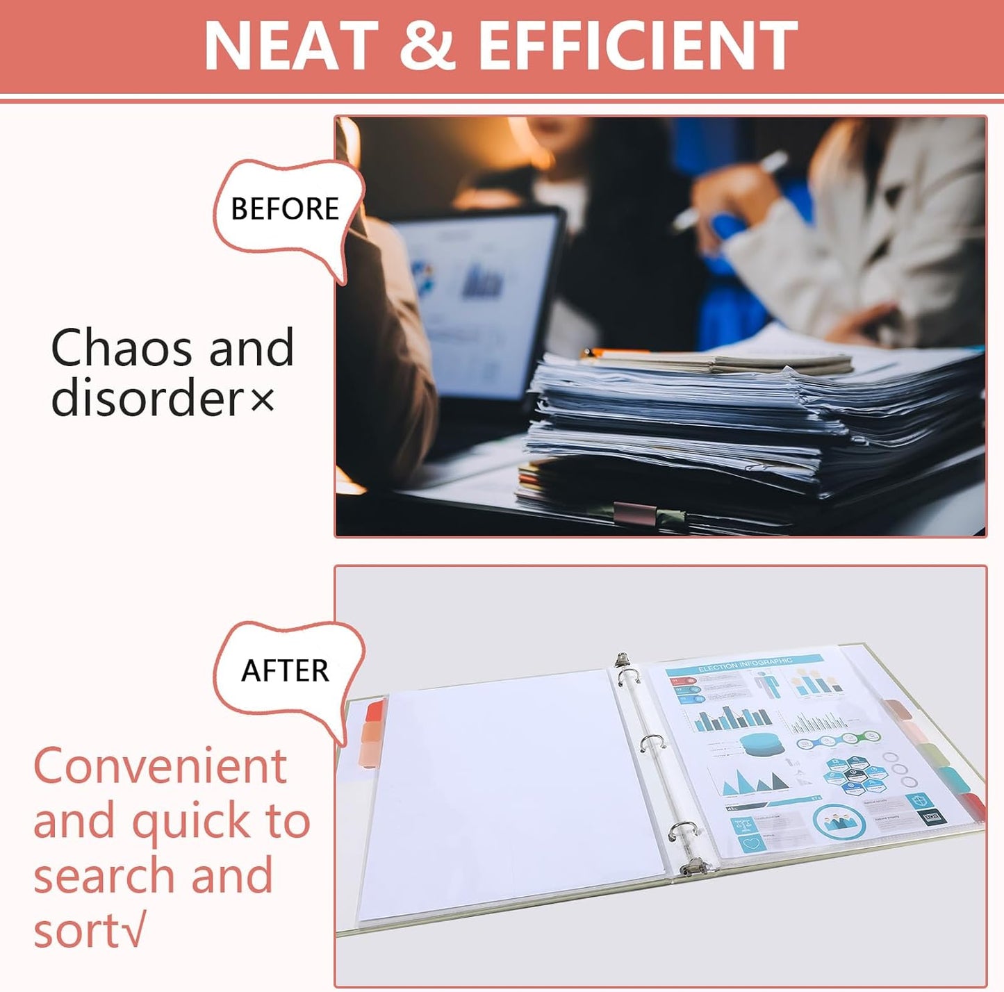 8 Set of 64 Pack Clear Binder Sheet Protectors for 3 Ring Binder Plastic Page Protector with 8 Tabs,Insertable Index Page Divider 8.5x11 Inch(Vintage)