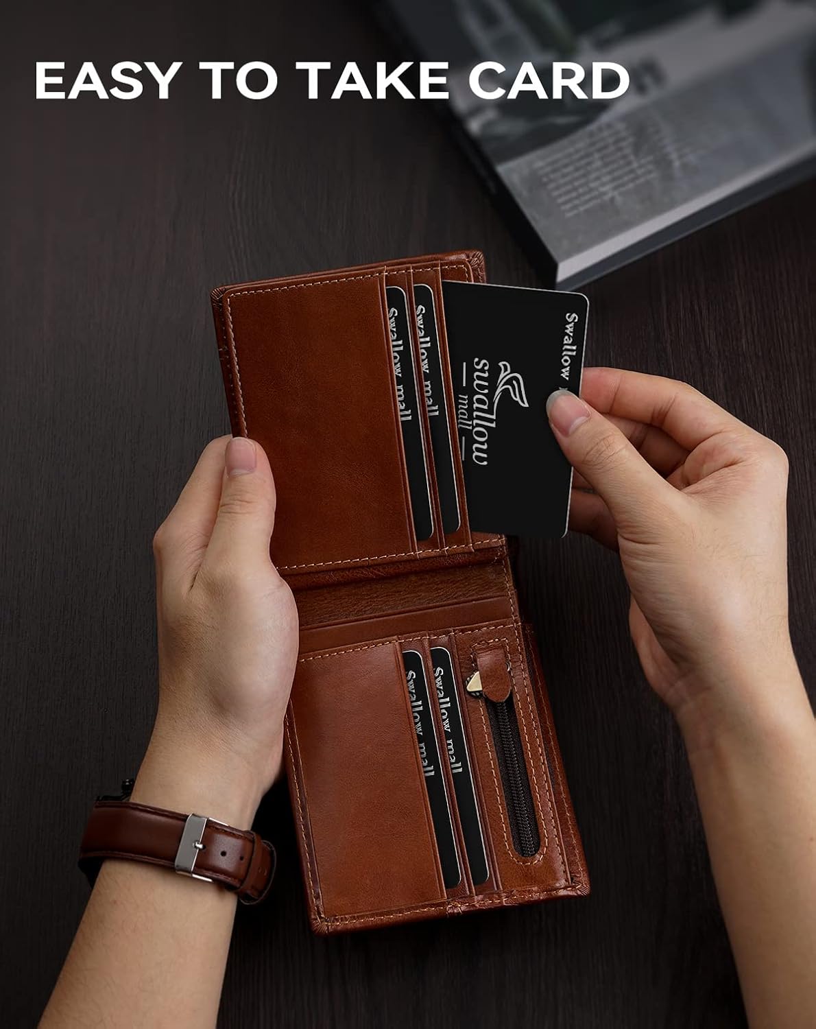 Swallowmall Mens Wallet Rfid Blocking Genuine Leather Bifold Wallets with 1 ID Window 15 Card Slots