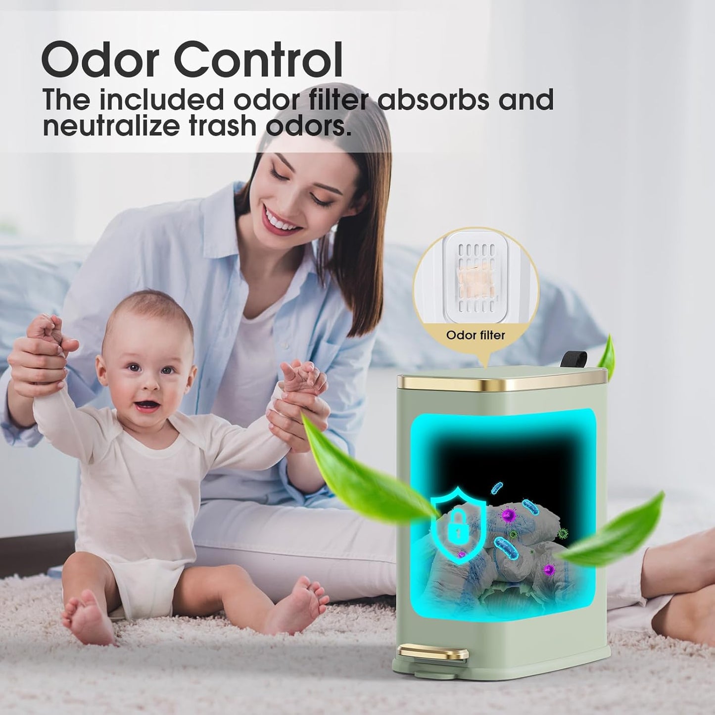 CEROELDA Small Bathroom Trash Can with Lid Soft Close-5L/1.3 Gal Slim Garbage Can-Metal Step Wastebasket-Rectangle Narrow Waste Bin for Office, Bedroom, Toilet, Live Room-Green