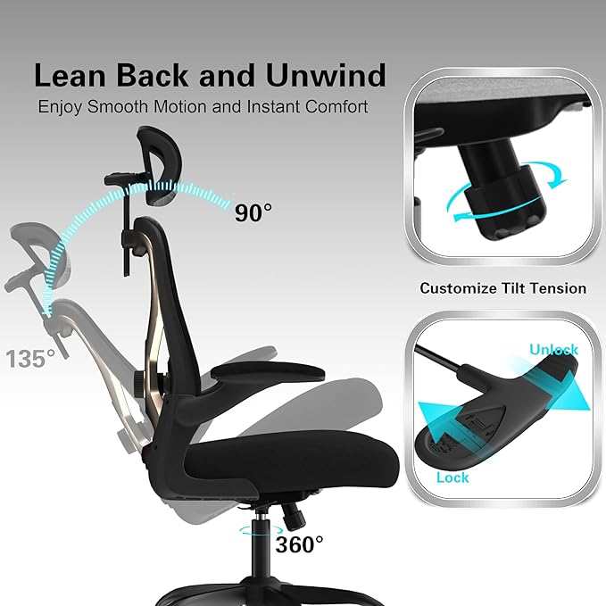 Ergonomic Office Chair, Mesh Desk Chair with Headrest, Lumbar Support, Thick Seat Cushion, Flip-up Arms, High Back Computer Task Chairs for Home Office (English, Black/Gold)
